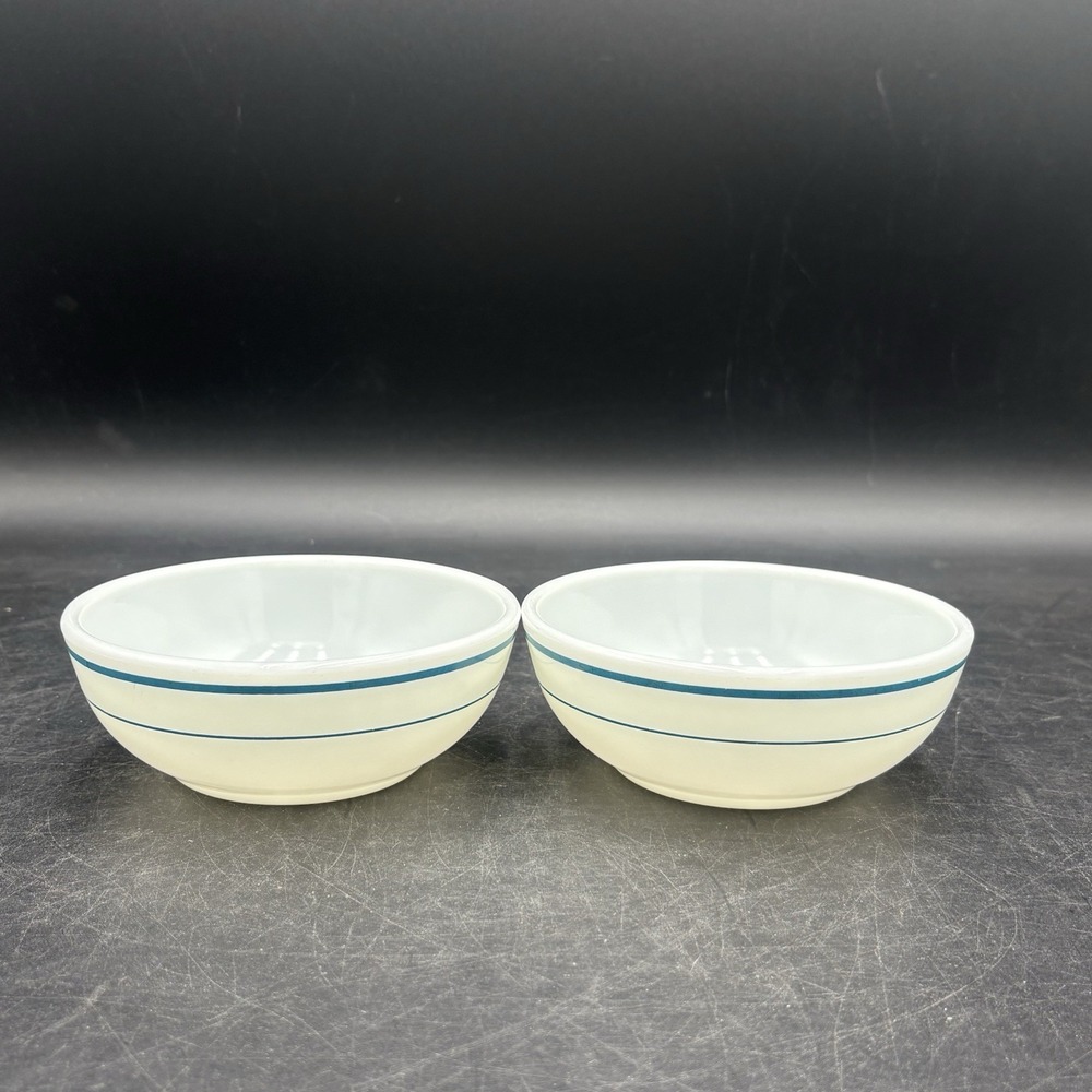 Vtg PYREX Corning Table Cearl Bowls Blue Band Teal Stripe #705-8 USA